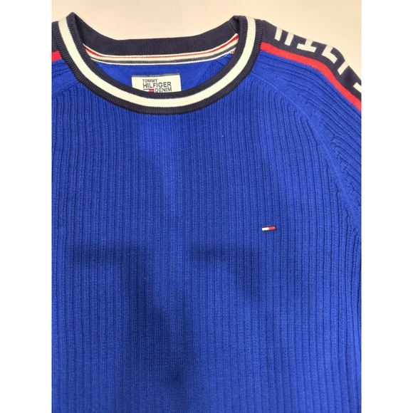 Tommy Hilfiger Denim Men's Ribbed Knit Sweater Blue Logo Tape Sleeves Size L - Picture 6 of 6